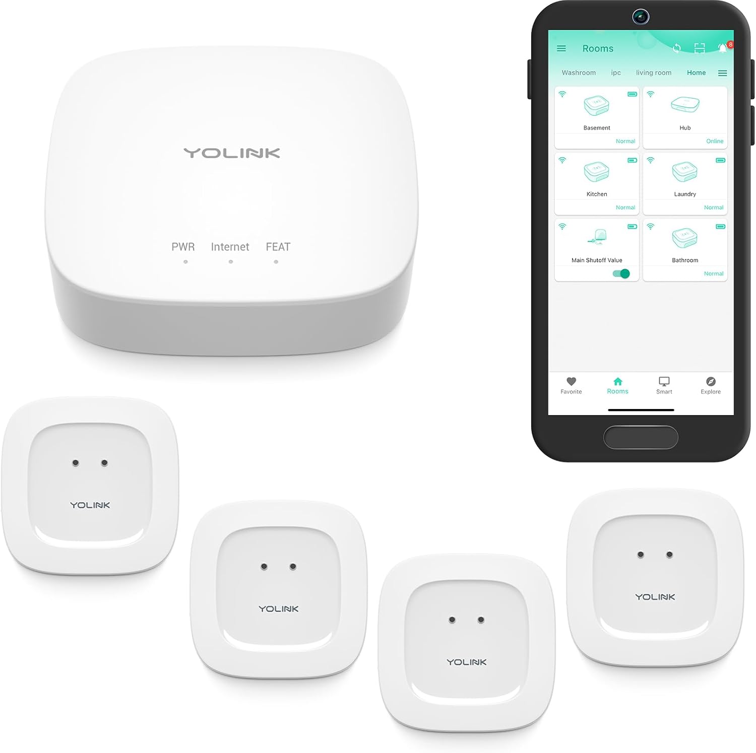 YoLink Water Leak Detection Starter Kit - Hub + 4 LoRa Sensors (1300ft Range), Instant Alerts, Alexa & IFTTT